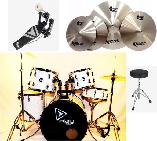 Bateria Turbo Play Branca Milk Gold Bumbo de 20 e Kit de Pratos Krest TZ com Bag Menor preço em Bateria Turbo Play Branca Milk Gold Bumbo de 20 e Kit de Pratos Krest TZ com Bag