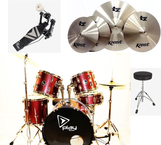 Bateria Turbo Play Vermelha Bumbo de 22 e Kit de Pratos Krest TZ com Bag Menor preço em Bateria Turbo Play Vermelha Bumbo de 22 e Kit de Pratos Krest TZ com Bag