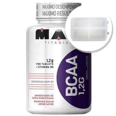 BCAA 1,2g c/ Vitamina B6 - 120 tabletes + Porta Cápsulas transparente - Max Titanium Menor preço em BCAA 1,2g c/ Vitamina B6 - 120 tabletes + Porta Cápsulas transparente - Max Titanium