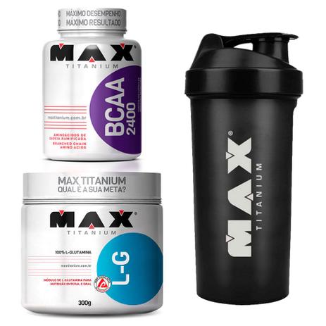 BCAA 2400 100 Caps + L-Glutamina 300g + Brinde Max Titanium Menor preço em BCAA 2400 100 Caps + L-Glutamina 300g + Brinde Max Titanium