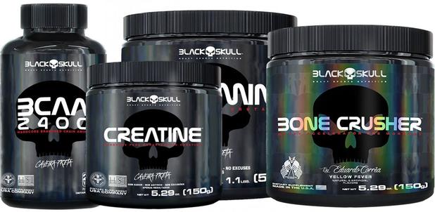 Bcaa 2400 (200caps) + Glutamina 500g + Bone Crusher 150g + Creatina 150g - Black Skull Menor preço em Bcaa 2400 (200caps) + Glutamina 500g + Bone Crusher 150g + Creatina 150g - Black Skull
