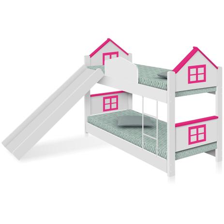 Beliche Infantil Casa Adesivada Rosa Escorregador e Colchão - Divaloto Menor preço em Beliche Infantil Casa Adesivada Rosa Escorregador e Colchão - Divaloto