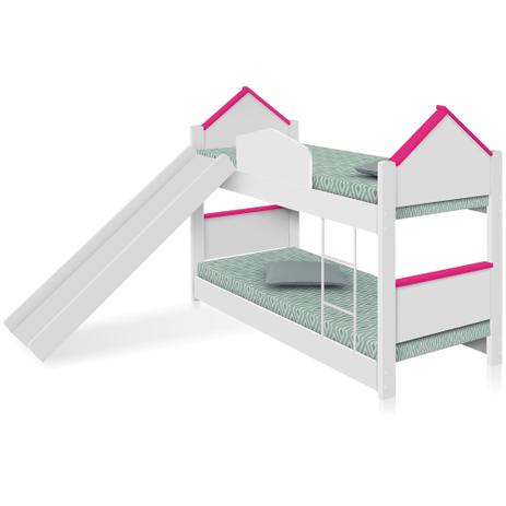 Beliche Infantil Casa Branca Rosa com Escorregador Colchão - Divaloto Menor preço em Beliche Infantil Casa Branca Rosa com Escorregador Colchão - Divaloto