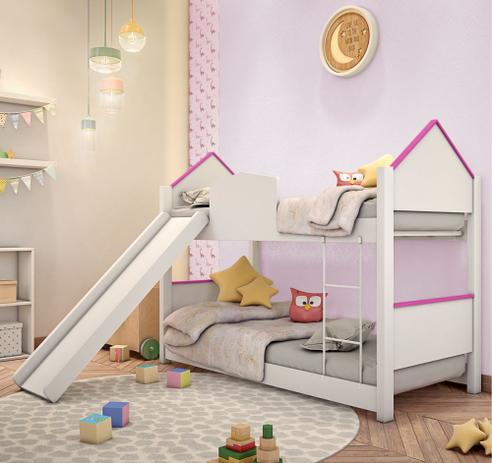 Beliche Mini Cama Casinha Adesivada Branca e Rosa com Escorregador - Mais De Casa Menor preço em Beliche Mini Cama Casinha Adesivada Branca e Rosa com Escorregador - Mais De Casa