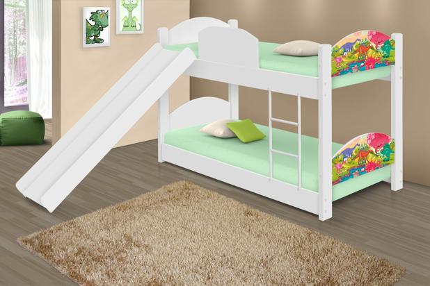 Beliche Mini Cama Dinossauros Coloridos com Escorregador e Colchões - Casah Menor preço em Beliche Mini Cama Dinossauros Coloridos com Escorregador e Colchões - Casah