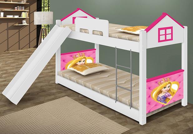 Beliche Solteiro Baixa Casa C/ Escorregador Adesivada 1013 - Branco/Rosa - Divaloto Móveis Menor preço em Beliche Solteiro Baixa Casa C/ Escorregador Adesivada 1013 - Branco/Rosa - Divaloto Móveis