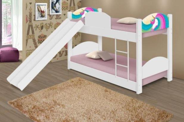 Beliche Unicórnio Arco Íris Kids com Escorregador e Colchões - Divaloto Menor preço em Beliche Unicórnio Arco Íris Kids com Escorregador e Colchões - Divaloto