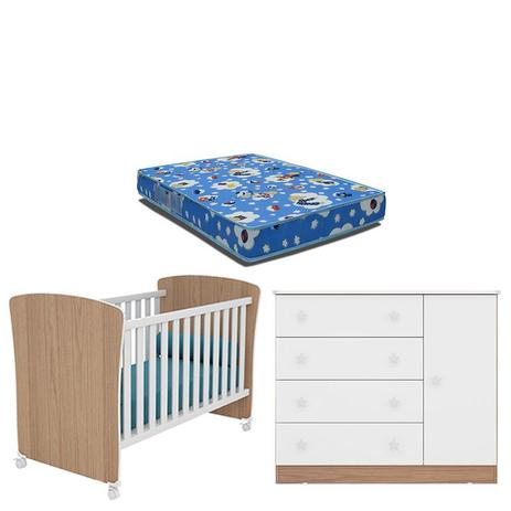 Berço Americano 2484 e Cômoda Infantil 2561 Doce Sonho Carvalho Branco Brilho com Colchão Phisical 70x130 Qmovi Menor preço em Berço Americano 2484 e Cômoda Infantil 2561 Doce Sonho Carvalho Branco Brilho com Colchão Phisical 70x130 Qmovi