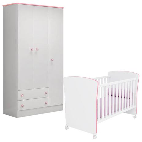 Berço Americano 2484 e Guarda Roupa Infantil 2617 Doce Sonho Branco Rosa Brilho Qmovi Menor preço em Berço Americano 2484 e Guarda Roupa Infantil 2617 Doce Sonho Branco Rosa Brilho Qmovi