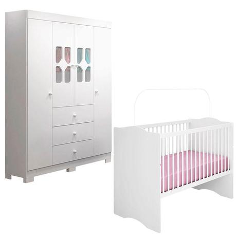 Berço Americano Alegria e Guarda Roupa Infantil New Cristal Branco Brilho Canaã - Canaa Baby Menor preço em Berço Americano Alegria e Guarda Roupa Infantil New Cristal Branco Brilho Canaã - Canaa Baby
