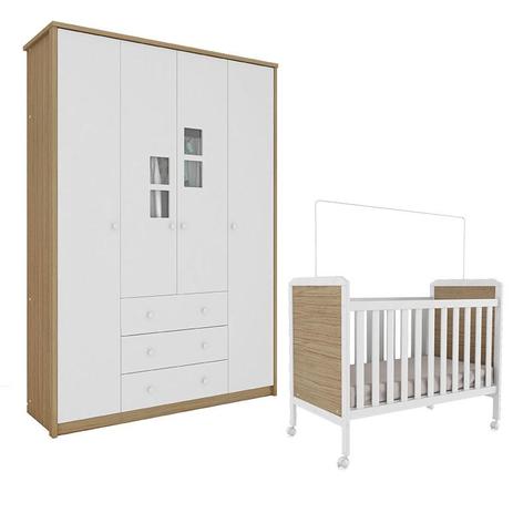Berço Americano Cloe e Guarda Roupa 4 Portas Dengo Branco Brilho Carvalho - Peroba Móveis Menor preço em Berço Americano Cloe e Guarda Roupa 4 Portas Dengo Branco Brilho Carvalho - Peroba Móveis
