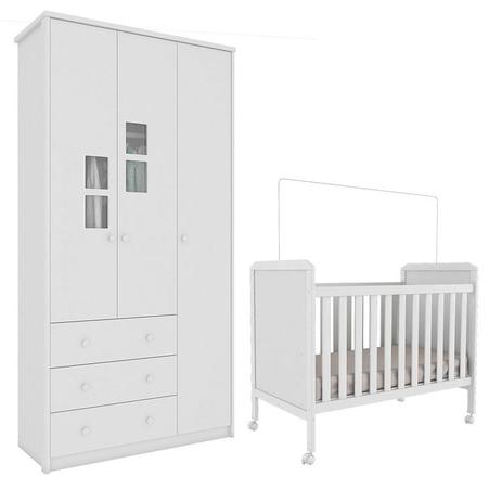 Berço Americano Cloe e Guarda Roupa Infantil 3 Portas Dengo Branco Brilho - Peroba Móveis Menor preço em Berço Americano Cloe e Guarda Roupa Infantil 3 Portas Dengo Branco Brilho - Peroba Móveis