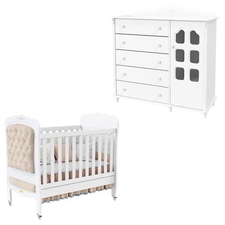 Berço Americano com Capitonê e Cômoda Infantil Provence Slim Branco Acetinado Matic - Matic Moveis Menor preço em Berço Americano com Capitonê e Cômoda Infantil Provence Slim Branco Acetinado Matic - Matic Moveis