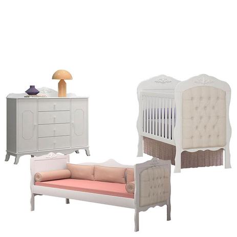 Berço Americano e Cama Babá com Capitonê Bege e Cômoda 2 Portas Realeza Branco Acetinado - Canaã - Canaa baby Menor preço em Berço Americano e Cama Babá com Capitonê Bege e Cômoda 2 Portas Realeza Branco Acetinado - Canaã - Canaa baby