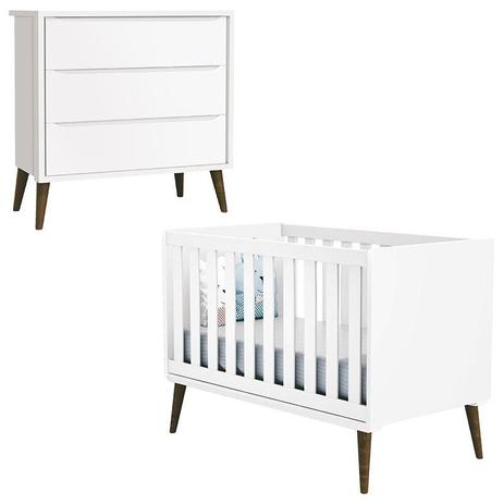 Berço Americano e Cômoda Gaveteiro Infantil Theo Branco Acetinado com Pés Amadeirado - Reller Menor preço em Berço Americano e Cômoda Gaveteiro Infantil Theo Branco Acetinado com Pés Amadeirado - Reller
