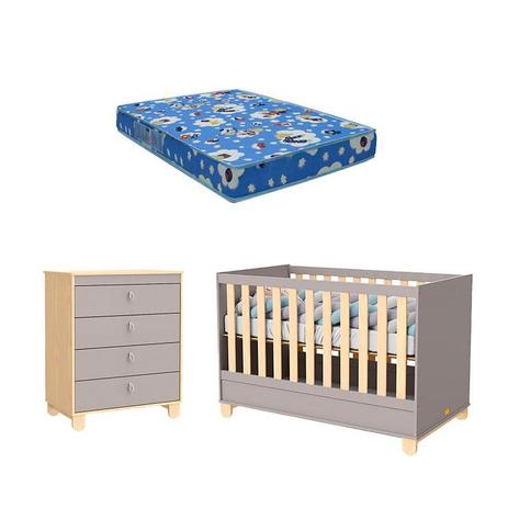 Berço Americano e Cômoda Infantil Gaveteiro Rope Natural Cinza e Colchão Phisical Matic - Matic moveis Menor preço em Berço Americano e Cômoda Infantil Gaveteiro Rope Natural Cinza e Colchão Phisical Matic - Matic moveis