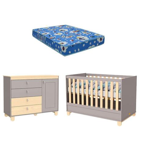 Berço Americano e Cômoda Infantil Rope Cinza Natural e Colchão Phisical Matic - Matic moveis Menor preço em Berço Americano e Cômoda Infantil Rope Cinza Natural e Colchão Phisical Matic - Matic moveis