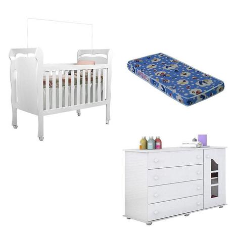 Berço Americano Nanda com Colchão e Cômoda Infantil Isabele Branco Brilho - Phoenix - Phoenix Baby Menor preço em Berço Americano Nanda com Colchão e Cômoda Infantil Isabele Branco Brilho - Phoenix - Phoenix Baby