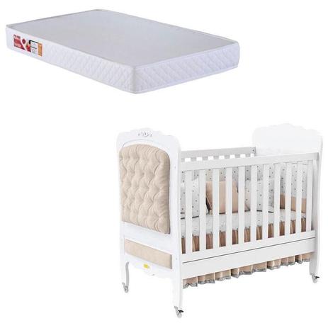 Berço Americano Provence Branco Acetinado com Capitonê e Colchão Berço Prorelax 70x130 - Matic - Matic Moveis Menor preço em Berço Americano Provence Branco Acetinado com Capitonê e Colchão Berço Prorelax 70x130 - Matic - Matic Moveis
