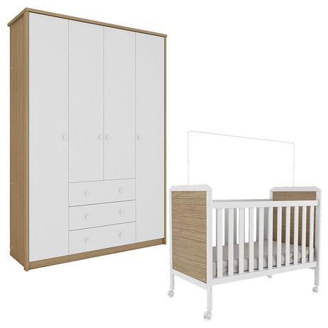 Berço Cloe e Guarda Roupa Infantil Dani 4 Portas Branco Brilho Carvalho Peroba Menor preço em Berço Cloe e Guarda Roupa Infantil Dani 4 Portas Branco Brilho Carvalho Peroba