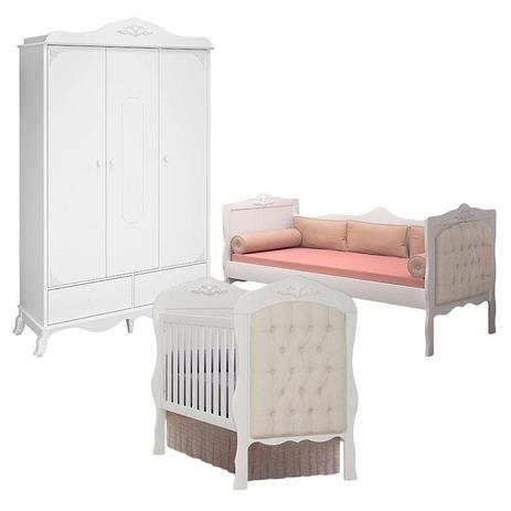 Berço com Guarda Roupa 3 Portas e Cama Baba Realeza Branco Acetinado Capitonê Bege Canaã - Canaa baby Menor preço em Berço com Guarda Roupa 3 Portas e Cama Baba Realeza Branco Acetinado Capitonê Bege Canaã - Canaa baby