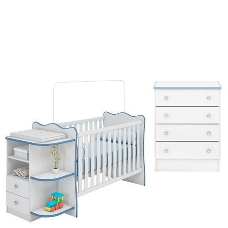 Berço Cômoda com Cantoneira 101 e Cômoda Infantil 103 Doce Sonho Branco Azul Brilho Qmovi Menor preço em Berço Cômoda com Cantoneira 101 e Cômoda Infantil 103 Doce Sonho Branco Azul Brilho Qmovi