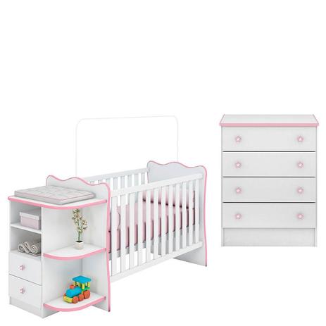 Berço Cômoda com Cantoneira 101 e Cômoda Infantil 103 Doce Sonho Branco Rosa Brilho Qmovi Menor preço em Berço Cômoda com Cantoneira 101 e Cômoda Infantil 103 Doce Sonho Branco Rosa Brilho Qmovi