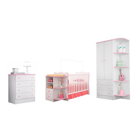 Berço cômoda e roupeiro branco rosa quarto infantil -qmovi Menor preço em Berço cômoda e roupeiro branco rosa quarto infantil -qmovi