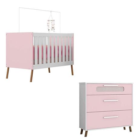 Berço e Cômoda Infantil Retrô Bibi Branco Acetinado Rosa - Móveis Estrela - Moveis estrela Menor preço em Berço e Cômoda Infantil Retrô Bibi Branco Acetinado Rosa - Móveis Estrela - Moveis estrela