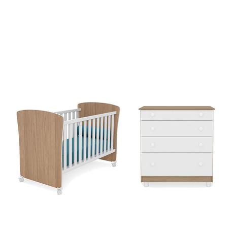 Berço Mini Cama e Cômoda 4 Gavetas Amore Branco/Carvalho - Qmovi Menor preço em Berço Mini Cama e Cômoda 4 Gavetas Amore Branco/Carvalho - Qmovi