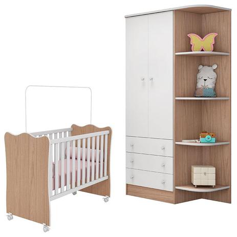 Berço Nacional 102 e Guarda Roupa 105 Doce Sonho 2 Portas com Cantoneira Branco Carvalho Qmovi Menor preço em Berço Nacional 102 e Guarda Roupa 105 Doce Sonho 2 Portas com Cantoneira Branco Carvalho Qmovi