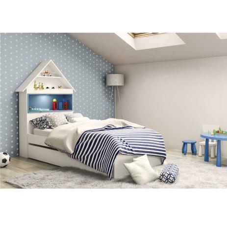 Bicama Casinha Atenas com Baú, Nicho e Led Branco/Azul - Casatema Menor preço em Bicama Casinha Atenas com Baú, Nicho e Led Branco/Azul - Casatema