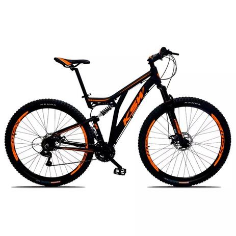 Bicicleta Full Impact Aro 29 Quadro 19 Alumínio 21v Suspensão Freio a Disco Preto/Laranja - KSW Menor preço em Bicicleta Full Impact Aro 29 Quadro 19 Alumínio 21v Suspensão Freio a Disco Preto/Laranja - KSW