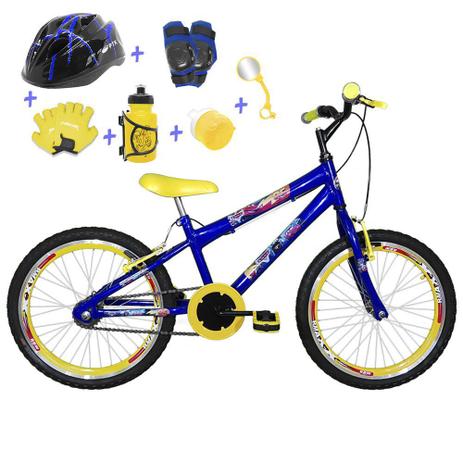 Bicicleta Infantil Aro 20 Azul Kit E Roda Aero Amarelo C/ Capacete e Kit Proteção - Flexbikes Menor preço em Bicicleta Infantil Aro 20 Azul Kit E Roda Aero Amarelo C/ Capacete e Kit Proteção - Flexbikes