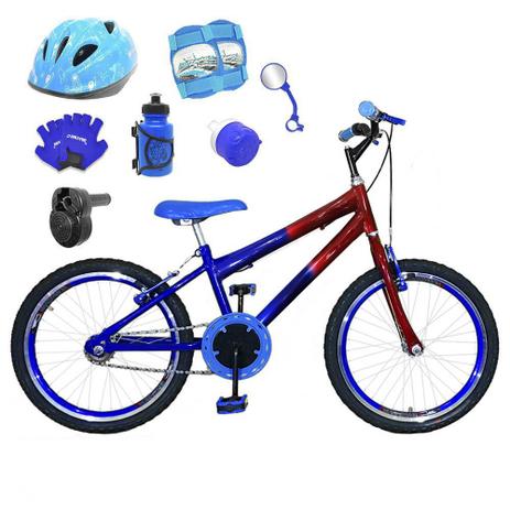 Bicicleta Infantil Aro 20 Azul Vermelha Kit E Roda Aero Azul C/ Capacete, Kit Proteção E Acelerador - FlexBikes Menor preço em Bicicleta Infantil Aro 20 Azul Vermelha Kit E Roda Aero Azul C/ Capacete, Kit Proteção E Acelerador - FlexBikes