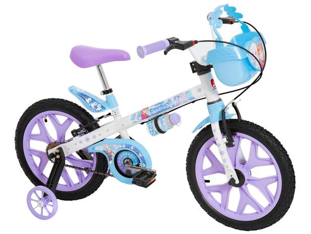 Bicicleta Infantil Frozen Aro 16 Bandeirante - Disney Branca e Lilás com Rodinhas com Cesta