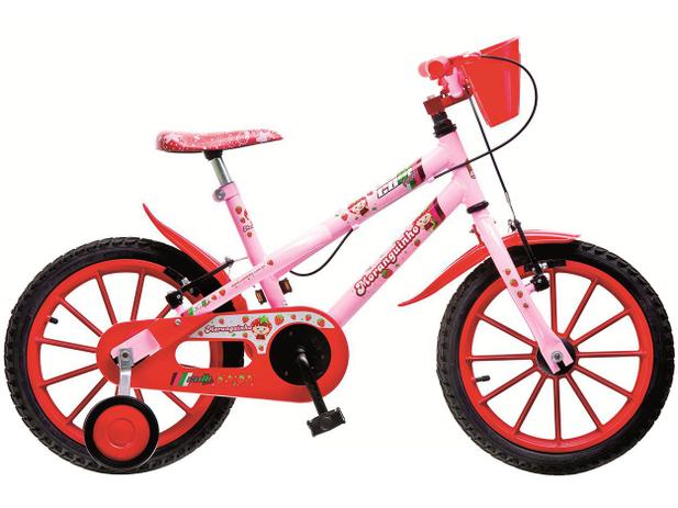 Bicicleta Infantil Moranguinho Aro 16 Colli Bike - Rosa e Vermelho com Rodinhas com Cesta
