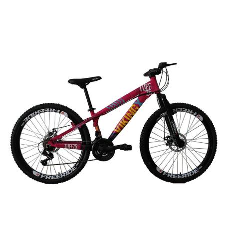 Bicicleta TUFF25 Freeride Aro 26 21V Rosa/Roxo - Viking Menor preço em Bicicleta TUFF25 Freeride Aro 26 21V Rosa/Roxo - Viking