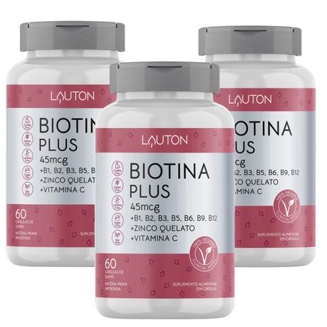 Biotina Concentrada com Vitaminas B + C + Zinco - Kit 3 Potes Lauton - Cabelo - Pele e Unha -