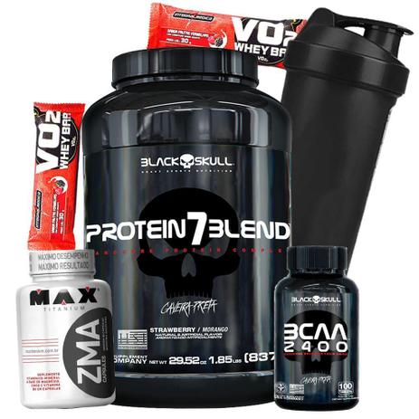 Menor preço em Black Skull Caveira Preta Whey Protein 7 Blend Isolado Hidrolisado Bcaa 2400 100caps ZMA 90caps Copo