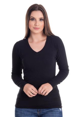 blusa canelada manga longa decote v
