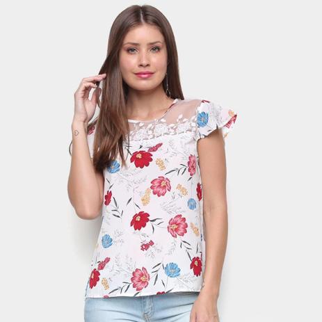 Blusa MS Fashion Tule Bordado Floral Feminina Menor preço em Blusa MS Fashion Tule Bordado Floral Feminina
