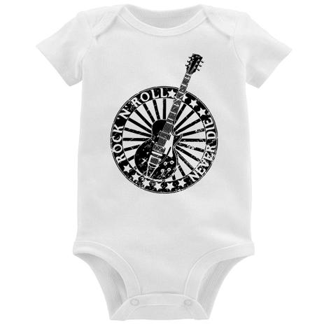 Body Bebe Rock N Roll Never Die Guitarra Branco Foca Na Moda Body Para Bebes Magazine Luiza