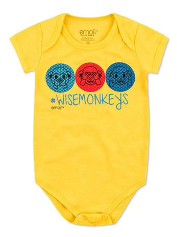 Body Divertido Marlan Curta Emoji Wise Monkeys Amarelo Menor preço em Body Divertido Marlan Curta Emoji Wise Monkeys Amarelo