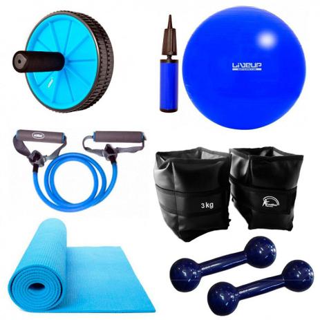 Bola 65cm com Bomba + Colchonete + Roda + Extensor + Caneleira 3kg e Halter 3kg Liveup Menor preço em Bola 65cm com Bomba + Colchonete + Roda + Extensor + Caneleira 3kg e Halter 3kg Liveup