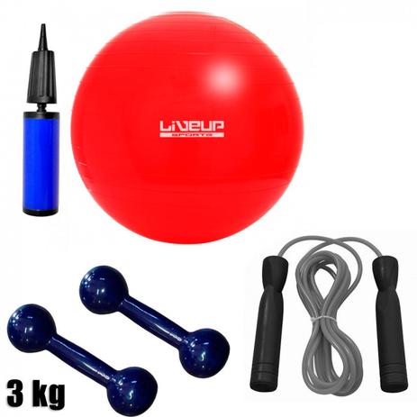 Bola Suica 45cm com Mini Bomba + Corda de Pular + 2 Halteres 3 Kg Emborrachado Liveup Menor preço em Bola Suica 45cm com Mini Bomba + Corda de Pular + 2 Halteres 3 Kg Emborrachado Liveup