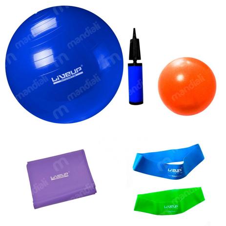 Bola Suica 65 Cm + Mini Bomba + 2 Mini Bands + Faixa Elastica Media + Overball 25 Cm Liveup Menor preço em Bola Suica 65 Cm + Mini Bomba + 2 Mini Bands + Faixa Elastica Media + Overball 25 Cm Liveup
