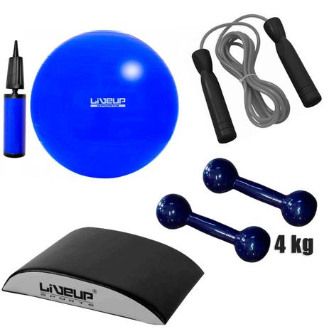 Bola Suica 65cm com Bomba + Corda de Pular + Par Halter 4 Kg + Abmat Liveup Menor preço em Bola Suica 65cm com Bomba + Corda de Pular + Par Halter 4 Kg + Abmat Liveup