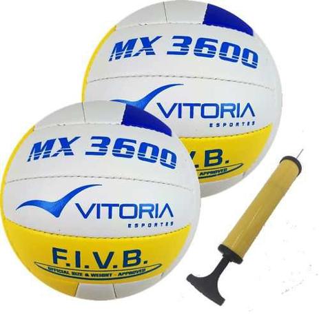 Bola Volei Oficial Vitoria Mx3600 Pu Soft 2 Unidades + Bomba - Vitoria esportes Menor preço em Bola Volei Oficial Vitoria Mx3600 Pu Soft 2 Unidades + Bomba - Vitoria esportes