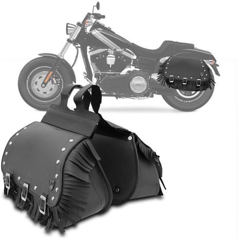 Bolsa Alforge Lateral Moto Custom 32 Litros Universal Couro Ecológico Preto Com Cravos e Franjas - J.a Menor preço em Bolsa Alforge Lateral Moto Custom 32 Litros Universal Couro Ecológico Preto Com Cravos e Franjas - J.a